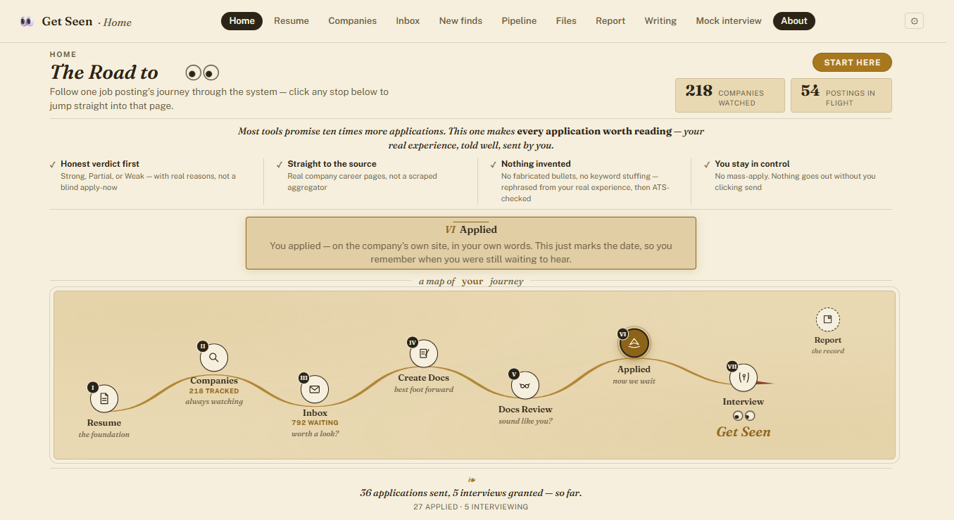 GetSeen's Home page, showing the application journey map and real tracked-company stats